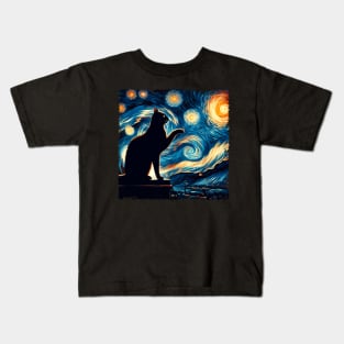 Starry Night Cat Tee Celestial Feline Elegance Kids T-Shirt